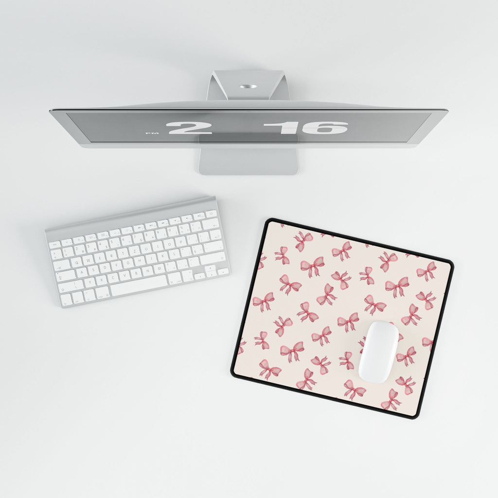 Pink Bow Pattern Desk Mat — Cute Feminine Mouse Pad Surface